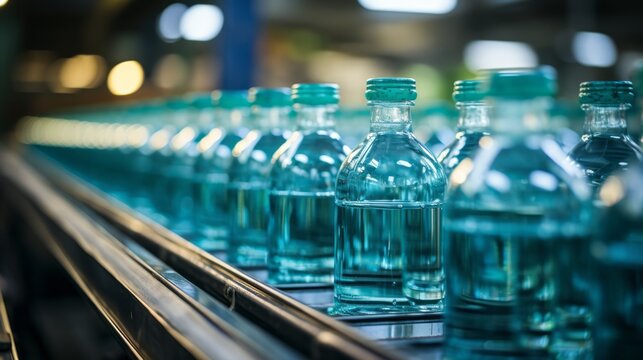 Closeup of bottles of bottled water in factory. Generative AI.