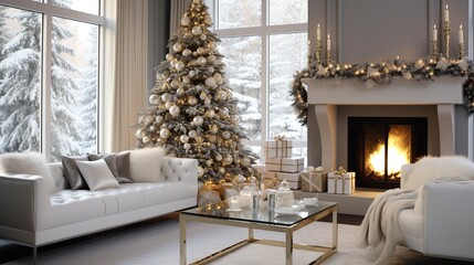 luxurious and spacious modern white living room interior with a white couch, fireplace, beautifully decorated Christmas tree, and a snowy outdoor view from the window