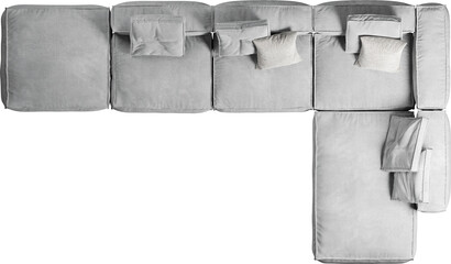 Top view of grey modular sofa with cushions - obrazy, fototapety, plakaty