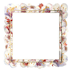 Watercolor square frames of blooming apricot branches and flowers