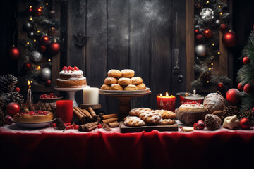 Christmas table with holiday baking. Christmas eve food