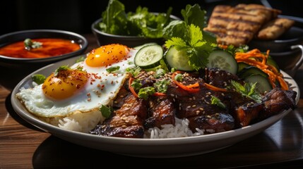 Com Tam Vietnamese dish with broken rice serve. Generative AI.