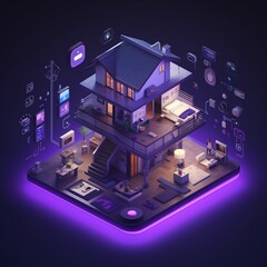 Smart home devices infographic. Home automation diagram. Isometric icon. Purple neon background. Generative AI