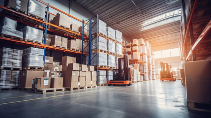 Retail warehouse full of shelves with goods in cartons and crates, with pallets and forklifts. Logistics and transportation.