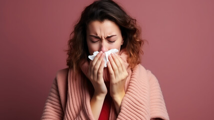 young woman with an allergy or cold sneezes and covers her face with a handkerchief on a color background, illness, sick girl, medicine, health, asthma, stuffy nose, virus, cough, treatment, soreness - obrazy, fototapety, plakaty