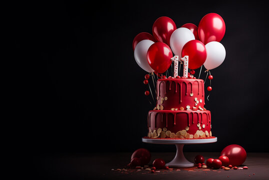 Birthday cake. Number 11. red cake with balloons. Generative AI