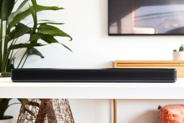 close-up of a sleek black modern soundbar on a white glossy table