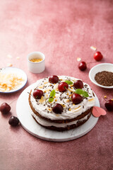 Homemade chocolate cake with coconut and cherry