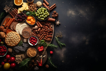 Obraz na płótnie Canvas Christmas spices, cookies, citruses, snacks on black background. Top view with copy space