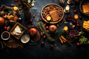 Fototapeta na wymiar Christmas spices, cookies, citruses, snacks on black background. Top view