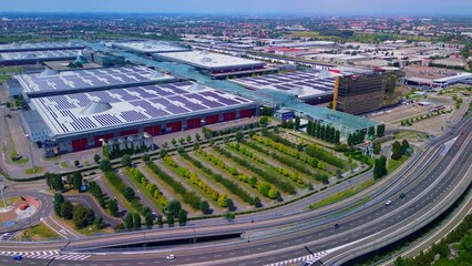 Aerial view of the Rho Fiera Milano exhibition center, holding events of international fairs and exhibitions in its padillions. Expo zone. Exhibitions of industrialists. Milan Italy 10.2023