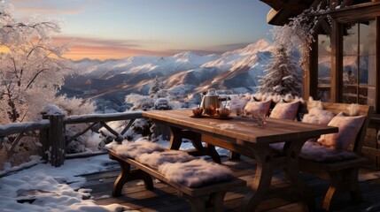 Cozy winter cabin with a wooden table set. Generative AI. - obrazy, fototapety, plakaty