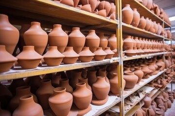 terracotta pottery on shelves waiting for glaze - obrazy, fototapety, plakaty