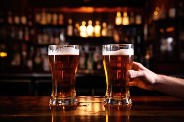 two pint glasses filled with beer touching each other on a bar