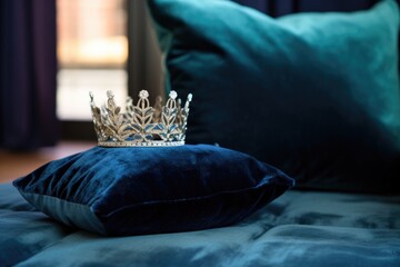 crown and tiara paired on a velvet cushion