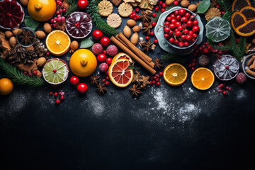 Christmas spices, cookies, citruses on black background. Top view with copy space