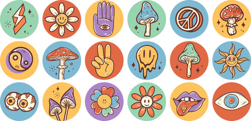 Groovy hippie 70s stickers. Sticker pack in trendy retro psychedelic cartoon style 60s. Flower power. Good vibes. Stay groovy