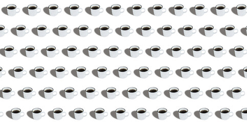 Pattern of many white ceramic cups with hot aromatic coffee placed on bright colorful background