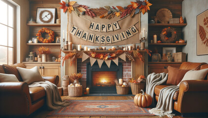 Happy Thanksgiving greeting card. Turkeys, cornucopias, cranberries, corn, pumpkins and beans. Copy space layout for text with the holiday theme. Traditional meal, family gathering illustration.