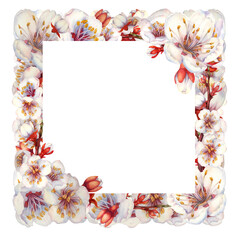 Watercolor square frames of blooming apricot branches and flowers