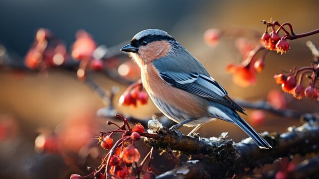 Cute bullfinch bird sits on twig with red rowa. Generative AI.