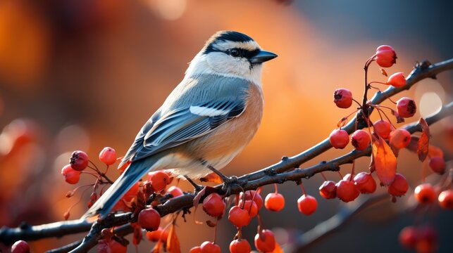 Cute bullfinch bird sits on twig with red rowa. Generative AI.