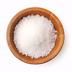 Fototapeta na wymiar Coarse salt in wooden dish isolated on white.