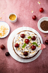Homemade chocolate cake with coconut and cherry