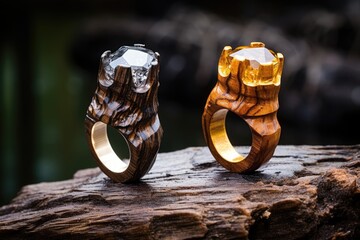 two intricately designed wedding rings on a stump with a sap trickle - obrazy, fototapety, plakaty