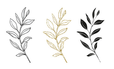 Fototapeta na wymiar Palm leaves line art, silhouette and glitter simple hand drawn vector illustration set, isolate on white background