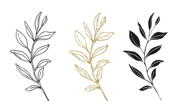 Palm leaves line art, silhouette and glitter simple hand drawn vector illustration set, isolate on white background