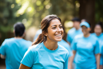 Cheerful woman wearing a light blue t-shirt under a white canopy, other volunteers in similar blue shirts are engaged in various activities - obrazy, fototapety, plakaty