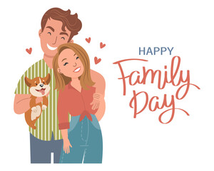 Happy family, mother and father with puppy dog. Illustration, vector