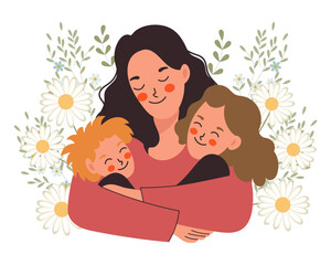 Happy family, mother with children, son and daughter. Family day, mother's day. Illustration, vector