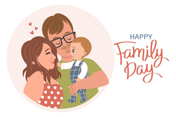 Happy family, mother and father with son. Family day, fathers day, mother's day. Illustration, vector