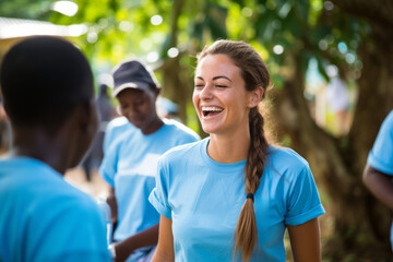 Cheerful woman wearing a light blue t-shirt under a white canopy, other volunteers in similar blue shirts are engaged in various activities