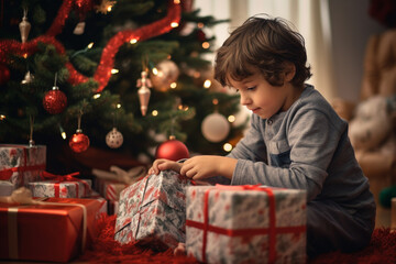 Fototapeta na wymiar Happy smiling kid oppening Christams gifts and presents under xmas tree at home. Generative AI