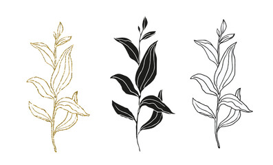 Palm leaves line art, silhouette and glitter simple hand drawn vector illustration set, isolate on white background