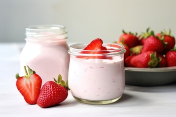 a strawberry yogurt drink in a can next to plain yogurt and a strawberry