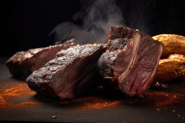 bbq beef ribs up close with smoky background - obrazy, fototapety, plakaty