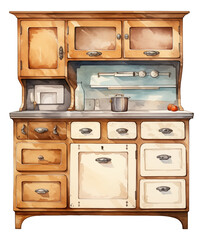 Watercolor vintage hoosier cabinet. Old kitchen cabinet with stuff. - obrazy, fototapety, plakaty