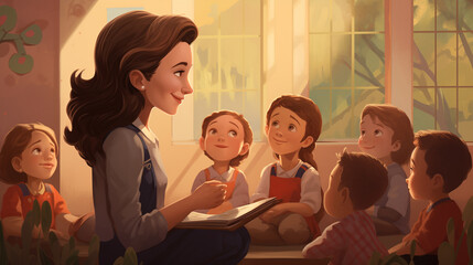 illustration portrait of a kind female Montessori kindergarten teacher in a kindergarten with children, slight smile, candid