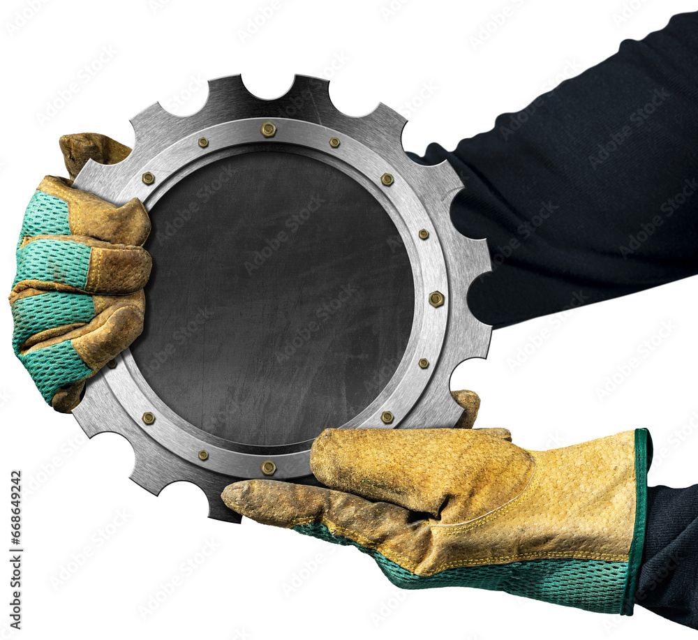 Poster manual worker with work gloves holding a metallic cogwheel (gear) with empty blackboard inside. isol