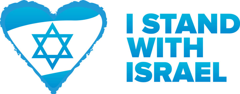 I stand with Israel horizontal banner with heart and Israel flag. Israel support emblem isolated on white background. Vector horizontal poster, sticker and Illustration about standing with israel