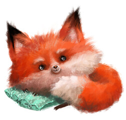 Cute baby red fox on a pillow relax sleeping nap character hand drawn in watercolor nursery childish cartoon illustration isolated on white background.