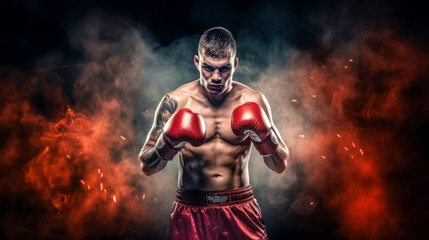 Boxer in red gloves and shorts posing against dramatic smoky background