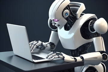 A cutting-edge robot, engaged with a laptop, typing and educating itself as a chatbot