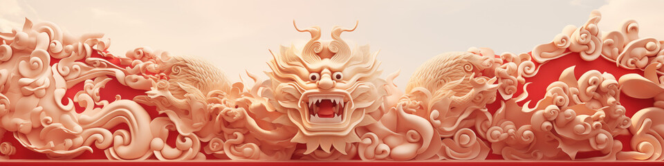 Chinese New Year decoration with carved dragon, for background or banner. Design with traditional monster character 