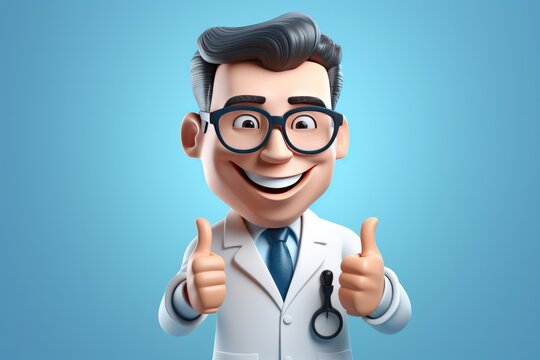 Animated doctor character with thumbs up on blue background. 3D render of a medical professional giving approval sign.