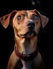 Un perro beige mira hacia arriba con la cabeza erguida, al estilo del rojo claro.